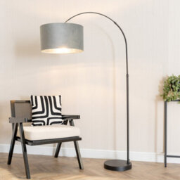 Valuelights Louis Black Arched Floor Lamp With Grey Velvet And Chrome Inner Shade And Bulb