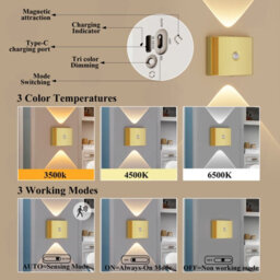 Amorly 1. Wiring Free Rechargeable Wall Light, Wireless Bedside Ambience Night Lamp, Stairway Motion Sensor Light (Gold) - thumbnail 9