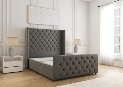 Bsspoke Divan Base Bed Grey Plush Velvet With 54Inch Headboard & Footboard No Drawers No Mattress In Double 3Ft 4Ft 5Ft 6Ft - image 1