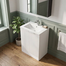 Balterley Tixall Fluted 2 Door Floor Standing Vanity Unit With Minimalist Basin, Satin White, 600mm - thumbnail 3
