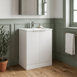 Balterley Tixall Fluted 2 Door Floor Standing Vanity Unit With Minimalist Basin, Satin White, 600mm - thumbnail 2