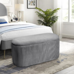 Living And Home Grey Modern Oval  Velvet Upholstery Pleated Storage Ottoman Bench Bed End Bench W 700 X D 380 X H 380 mm - thumbnail 2