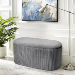 Living And Home Grey Modern Oval  Velvet Upholstery Pleated Storage Ottoman Bench Bed End Bench W 700 X D 380 X H 380 mm
