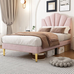 Abrihome 90X190Cm, Velvet Upholstered Single Bed, Shell-Like Bed With Golden Iron Legs, Height-Adjustable Headboard, Pink - thumbnail 9