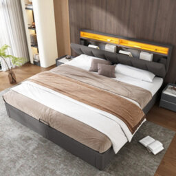 Btm Upholstered King Size Bed 5Ft With Led Light Hydraulic Storage Drawers Foam Headboard Linen Grey - thumbnail 4