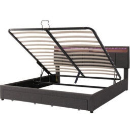 Btm Upholstered King Size Bed 5Ft With Led Light Hydraulic Storage Drawers Foam Headboard Linen Grey - thumbnail 9