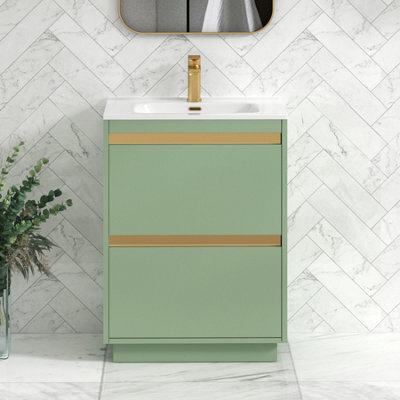 Royal Bathrooms Orion 600mm Mint Sage 2 Drawer Floor Standing Vanity Unit With Ceramic Basin & Brushed Brass Strip - image 1
