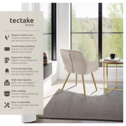 Tectake 1 Dining Chair Marilyn - Quilted Velvet, Continuous Backrest, Gold Steel Legs  - Taupe/gold - thumbnail 2