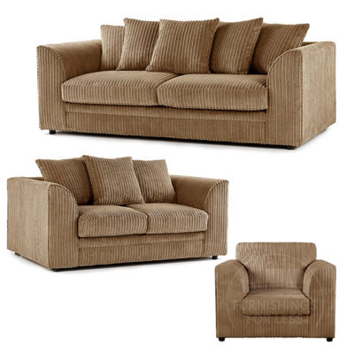 Furnishings For Less UK Luxor Jumbo Cord 3 + 2 + 1 Fabric 3 Piece Sofa Suite - Scatter Back Coffee