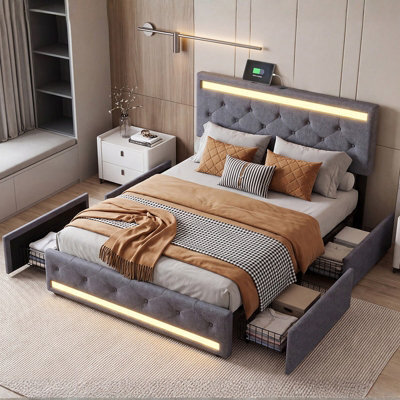 5Ft King Size Upholstered Ottoman Bed Frame With Drawers & Adjustable Headboard, Linen Storage Bed With Led Lighting & Usb, Grey - image 1