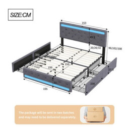 5Ft King Size Upholstered Ottoman Bed Frame With Drawers & Adjustable Headboard, Linen Storage Bed With Led Lighting & Usb, Grey - thumbnail 9