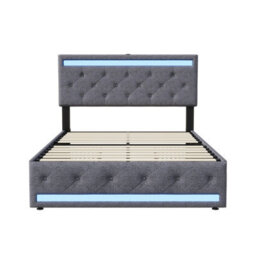 5Ft King Size Upholstered Ottoman Bed Frame With Drawers & Adjustable Headboard, Linen Storage Bed With Led Lighting & Usb, Grey - thumbnail 8