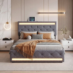 5Ft King Size Upholstered Ottoman Bed Frame With Drawers & Adjustable Headboard, Linen Storage Bed With Led Lighting & Usb, Grey - thumbnail 2