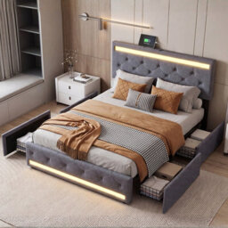 5Ft King Size Upholstered Ottoman Bed Frame With Drawers & Adjustable Headboard, Linen Storage Bed With Led Lighting & Usb, Grey - thumbnail 1