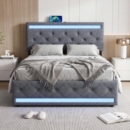 5Ft King Size Upholstered Ottoman Bed Frame With Drawers & Adjustable Headboard, Linen Storage Bed With Led Lighting & Usb, Grey - thumbnail 3