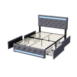 5Ft King Size Upholstered Ottoman Bed Frame With Drawers & Adjustable Headboard, Linen Storage Bed With Led Lighting & Usb, Grey - thumbnail 6