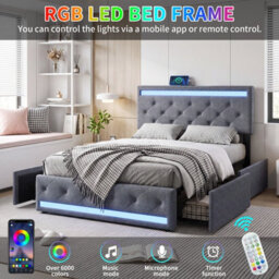 5Ft King Size Upholstered Ottoman Bed Frame With Drawers & Adjustable Headboard, Linen Storage Bed With Led Lighting & Usb, Grey - thumbnail 5