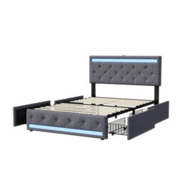 5Ft King Size Upholstered Ottoman Bed Frame With Drawers & Adjustable Headboard, Linen Storage Bed With Led Lighting & Usb, Grey - thumbnail 7