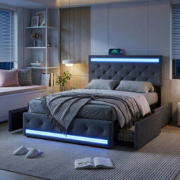 5Ft King Size Upholstered Ottoman Bed Frame With Drawers & Adjustable Headboard, Linen Storage Bed With Led Lighting & Usb, Grey - thumbnail 4