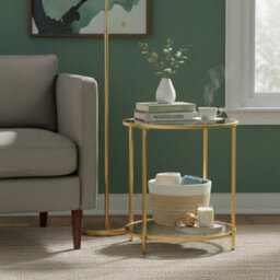 LEDREM Round Side Table, Glass End Table With Metal Frame, Modern Coffee Table, For Living Room, Balcony, Bedroom, Gold Color - thumbnail 7