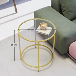 LEDREM Round Side Table, Glass End Table With Metal Frame, Modern Coffee Table, For Living Room, Balcony, Bedroom, Gold Color - thumbnail 4