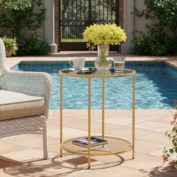 LEDREM Round Side Table, Glass End Table With Metal Frame, Modern Coffee Table, For Living Room, Balcony, Bedroom, Gold Color - thumbnail 6
