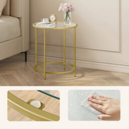 Vasagle Round Side Table, Glass End Table With Metal Frame, Modern Coffee Table, For Living Room, Balcony, Bedroom, Gold Color