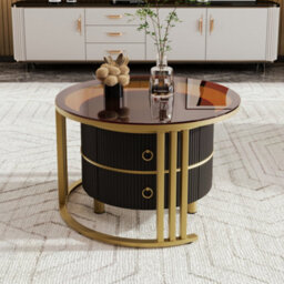 Btm 2-In-1 Mdf Round Coffee Table Set With High-Gloss Top & Brown Tempered Glass Side Table, 2 Drawers, For Living Room - thumbnail 4