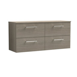 Balterley Bramshall Modern Bathroom 1200mm Wall Hung 4 Soft Close Drawer Vanity Unit With Worktop, 557 X 1205 X 390mm, Solace Oak - thumbnail 1