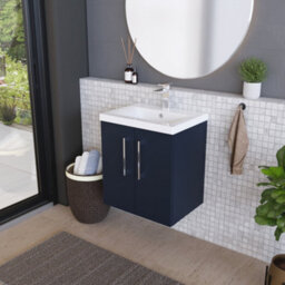 Balterley Contemporary Bathroom Wall Hung 2 Soft-Close Door Vanity Unit & Mid-Edge Ceramic Basin, Midnight Blue, 500 mm - thumbnail 4