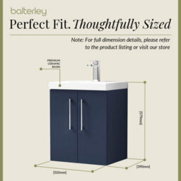 Balterley Contemporary Bathroom Wall Hung 2 Soft-Close Door Vanity Unit & Mid-Edge Ceramic Basin, Midnight Blue, 500 mm - thumbnail 5