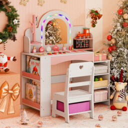 Gainoom Kids White Vanity Set W/ Led Princess Makeup Dressing Table Wooden Pretend Play Vanity For Little Girls Above 3 - thumbnail 5