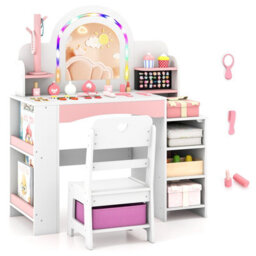 Gainoom Kids White Vanity Set W/ Led Princess Makeup Dressing Table Wooden Pretend Play Vanity For Little Girls Above 3