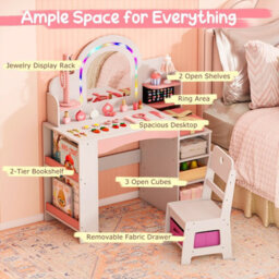 Gainoom Kids White Vanity Set W/ Led Princess Makeup Dressing Table Wooden Pretend Play Vanity For Little Girls Above 3 - thumbnail 6