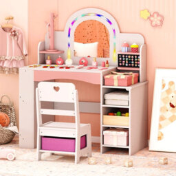 Gainoom Kids White Vanity Set W/ Led Princess Makeup Dressing Table Wooden Pretend Play Vanity For Little Girls Above 3 - thumbnail 3
