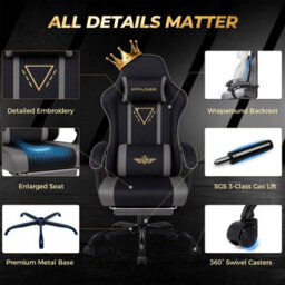 Luckracer Fabric Gaming Chair With Footrest Ergonomic Computer Chair Home Office High Back Heavy Duty Pc Chairs, Grey - thumbnail 8