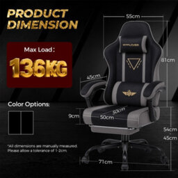 Luckracer Fabric Gaming Chair With Footrest Ergonomic Computer Chair Home Office High Back Heavy Duty Pc Chairs, Grey - thumbnail 3