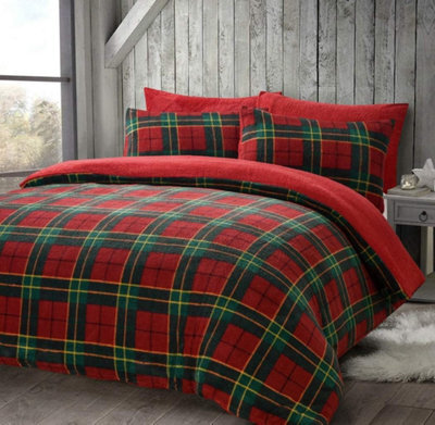 Homes & Linen Teddy Bear Fleece Tartan Check Duvet Cover Soft Cosy Warm Checked Teddy Bear Bedding Set