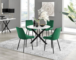 Furniturebox Uk Novara White Gloss Black Leg Round Dining Table & 4 Green Pesaro Black Leg Chairs