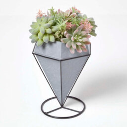 Homescapes Artificial Green Handcrafted Cactus & Succulent Arrangement In Decorative Geometric Grey Pot, 31 Cm