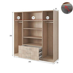 Arte Stylish Alex Hinged Door Wardrobe W2000mm H2100mm D640mm - Timeless Sonoma Oak Finish - thumbnail 2