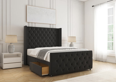 "Bsspoke Divan Bed Set Black Plush Velvet With 54"" Headboard & 20"" Footboard 2 Drawers Footend & No Mattress In 4Ft 4Ft6 5Ft 6Ft" - image 1