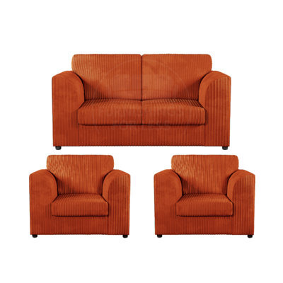Furnishings For Less UK Luxor Jumbo Cord 2 + 1 + 1 Fabric 3 Piece Sofa Suite - Fullback Orange