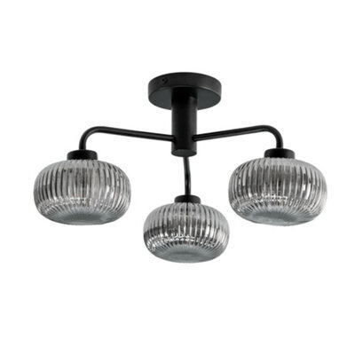 Valuelights Amaia Matte Black Ip44 3 Way Smoked Ribbed Glass Ceiling Light With Led Bulbs - image 1