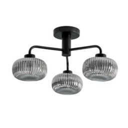 Valuelights Amaia Matte Black Ip44 3 Way Smoked Ribbed Glass Ceiling Light With Led Bulbs