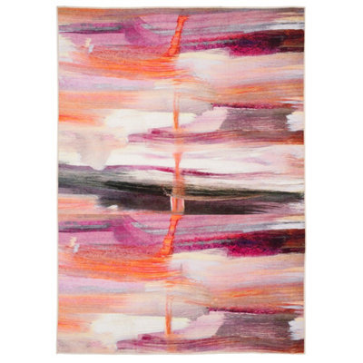 Loomed Pink & Cream Multi Colour Abstract Machine Washable Soft Area Rug 80Cm X 300Cm - image 1