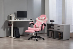 Home Treats Gaming Chair Leather With Footrest, Computer Chair With Massage Added Lumbar Support - Pink & White - thumbnail 3