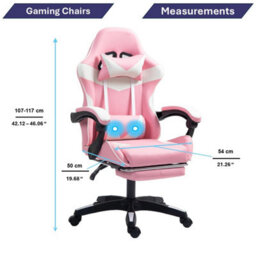 Home Treats Gaming Chair Leather With Footrest, Computer Chair With Massage Added Lumbar Support - Pink & White - thumbnail 2