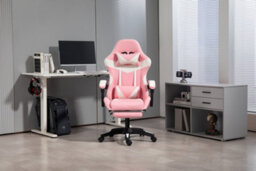 Home Treats Gaming Chair Leather With Footrest, Computer Chair With Massage Added Lumbar Support - Pink & White - thumbnail 4