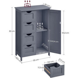 Songmics Vasagle Bathroom Cabinet, Narrow Bathroom Cabinet, Side Cabinet, Chest Of Drawers, With 4 Drawers, Adjustable Shelf, Dark Grey - thumbnail 9